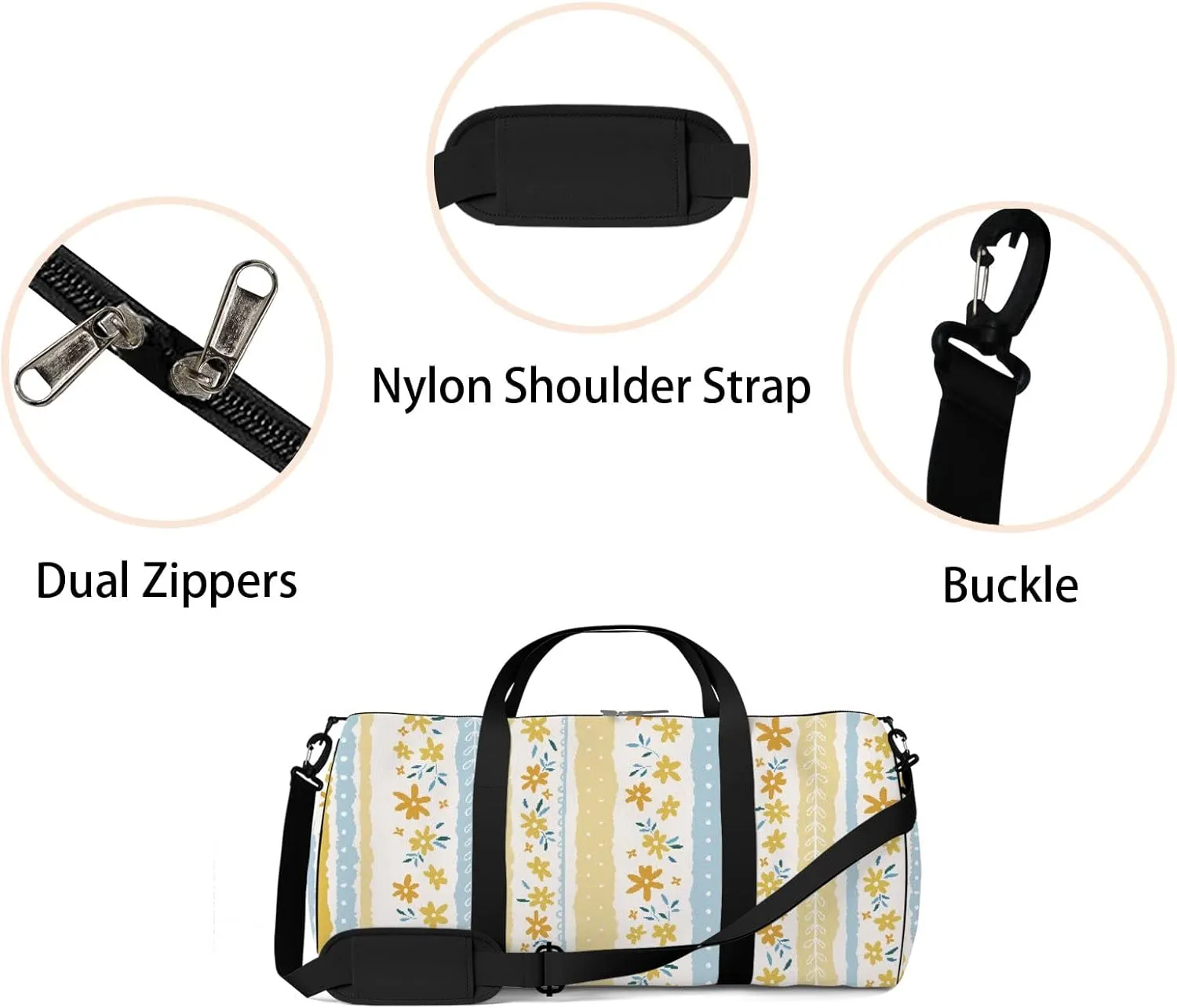 Boho Stripes with Bright Small Florals Sports Duffel Bag Travel Gym Tote Bags Lightweight Durable Shoulder Strap Waterproof Polyester Outside Mesh Pocket Overnight Trip Duffel Bag for Women Men