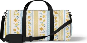Boho Stripes with Bright Small Florals Sports Duffel Bag Travel Gym Tote Bags Lightweight Durable Shoulder Strap Waterproof Polyester Outside Mesh Pocket Overnight Trip Duffel Bag for Women Men