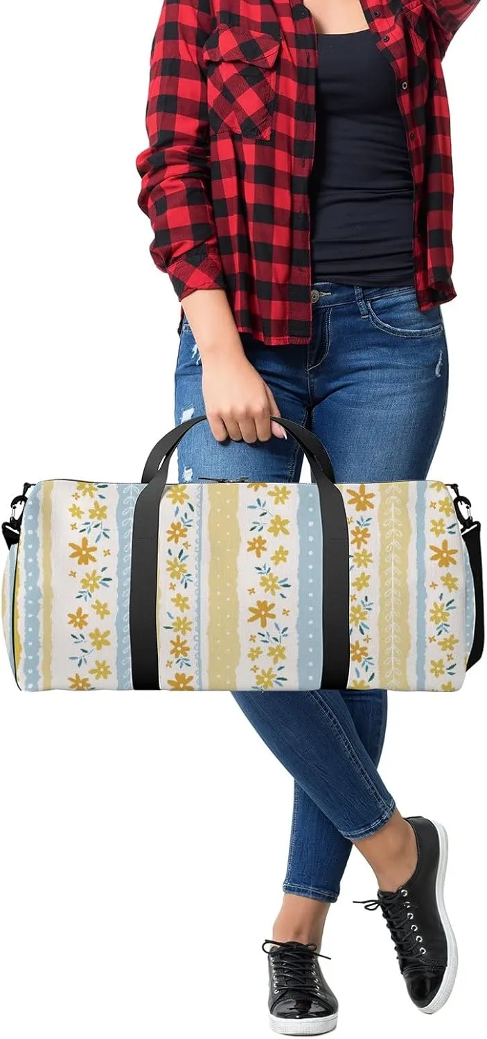 Boho Stripes with Bright Small Florals Sports Duffel Bag Travel Gym Tote Bags Lightweight Durable Shoulder Strap Waterproof Polyester Outside Mesh Pocket Overnight Trip Duffel Bag for Women Men
