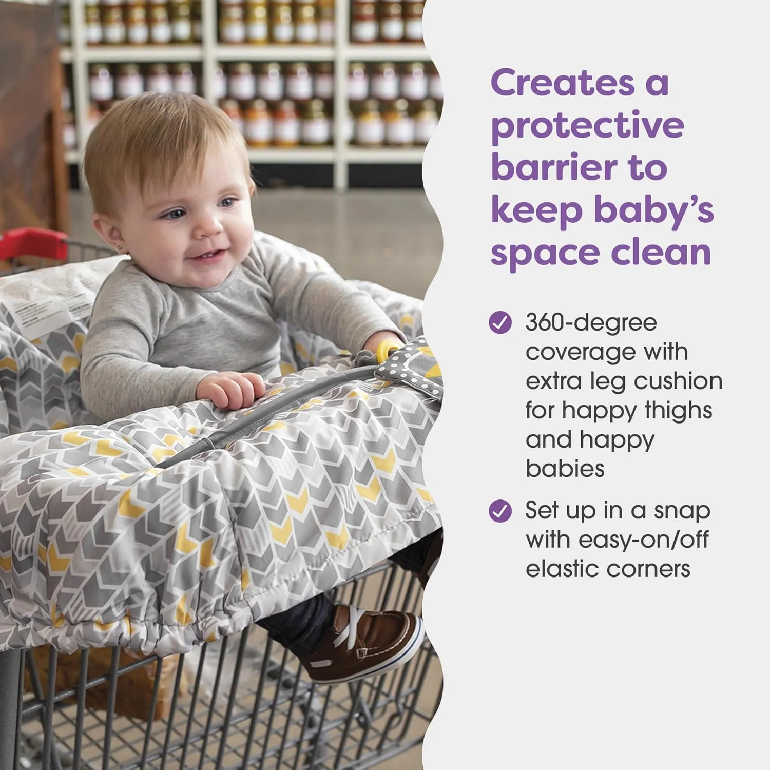 Boppy Shopping Cart Cover, Sunshine Chevron, Cart Cover for Babies with Soft 360-Degree Coverage, Safety Harness, and SlideLine Toy Tether with Crinkle Sun Book Toy Included, 6mo 