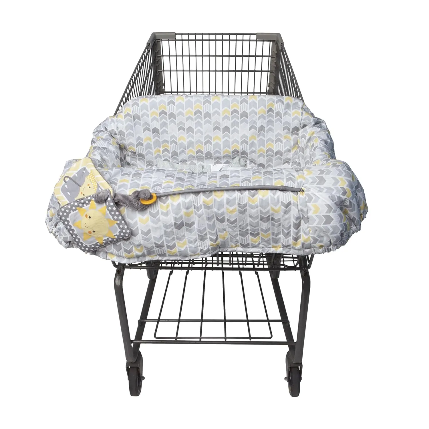 Boppy Shopping Cart Cover, Sunshine Chevron, Cart Cover for Babies with Soft 360-Degree Coverage, Safety Harness, and SlideLine Toy Tether with Crinkle Sun Book Toy Included, 6mo 