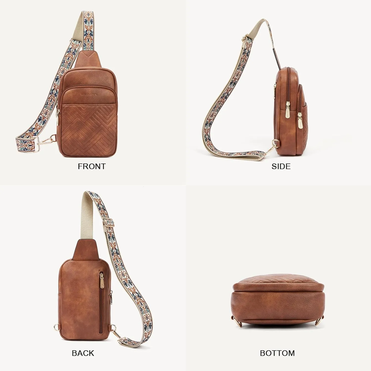 BOSTANTEN Sling Bag Quilted Crossbody Bags for Women Cross Body Purse Leather Fanny Pack with Adjustable Guitar Strap