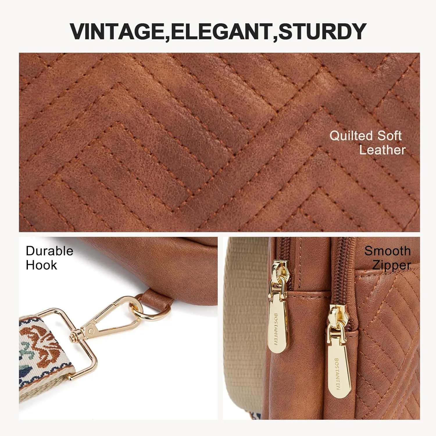 BOSTANTEN Sling Bag Quilted Crossbody Bags for Women Cross Body Purse Leather Fanny Pack with Adjustable Guitar Strap