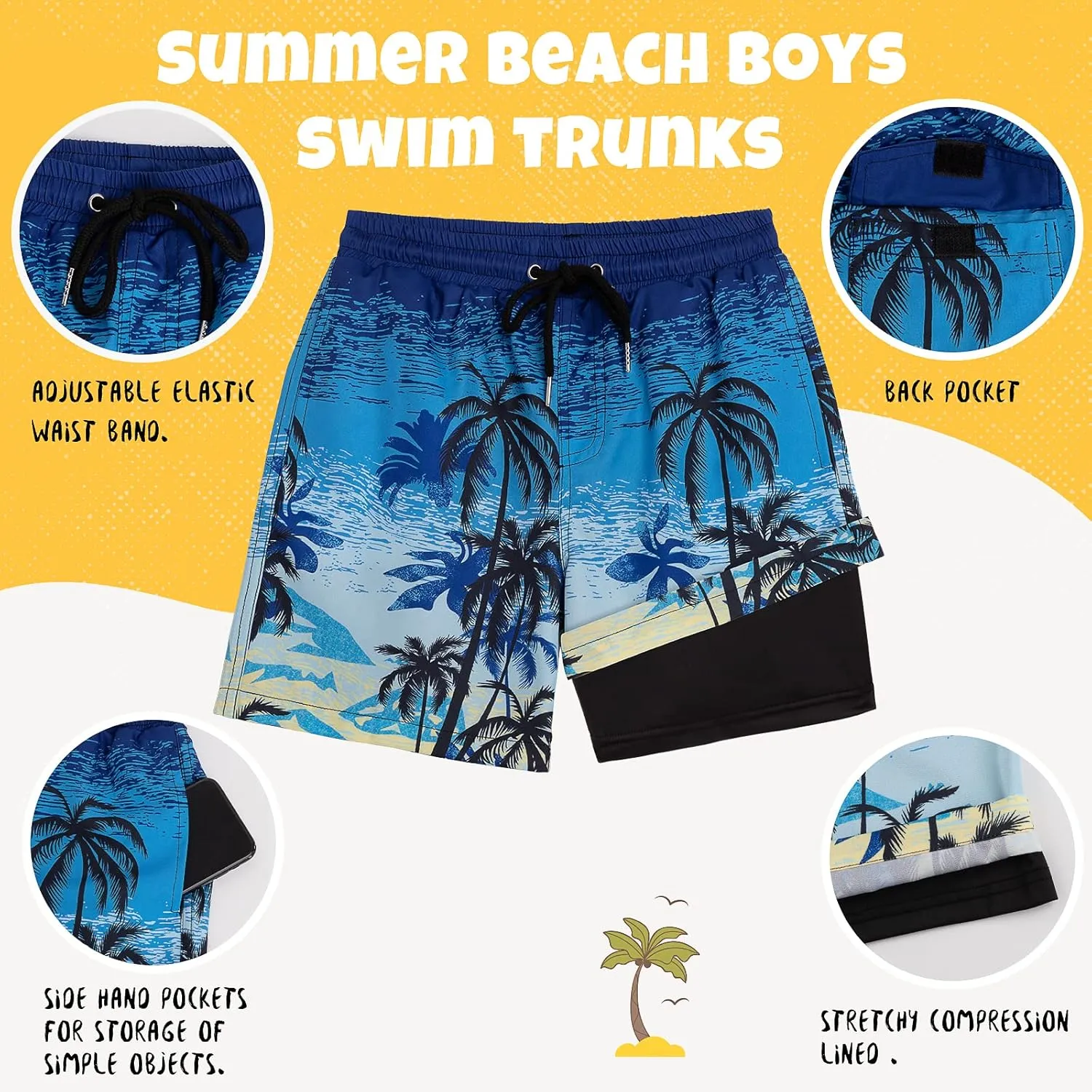 Boys Swim Trunks Bathing Suit Swim Shorts with Boxer Brief Liner Quick Dry Beach Swimsuit Compression