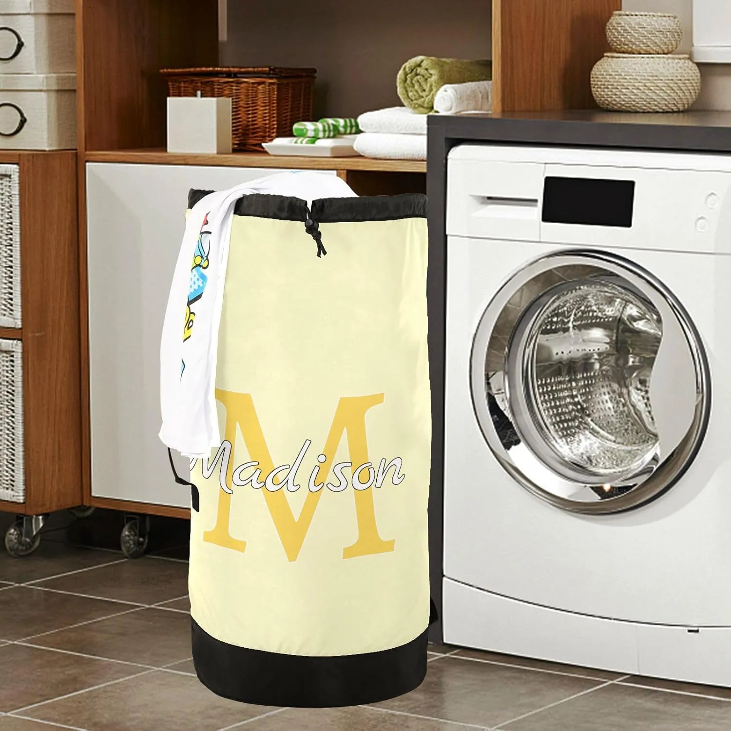 Bright Beige Personalized Nylon Travel Laundry Bag for Luggage Custom Dirty Clothes Organizer with Drawstring Closure & Shoulder Straps Laundry Hamper Liner for College Dorm Factories Apartment