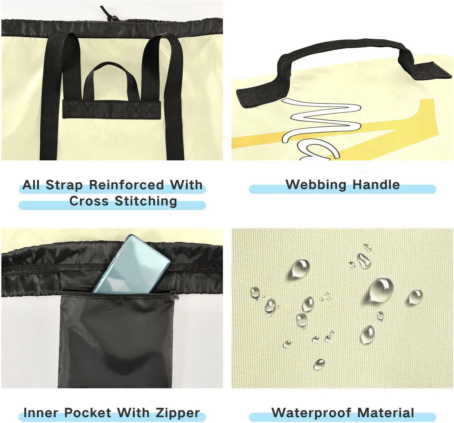 Bright Beige Personalized Nylon Travel Laundry Bag for Luggage Custom Dirty Clothes Organizer with Drawstring Closure & Shoulder Straps Laundry Hamper Liner for College Dorm Factories Apartment