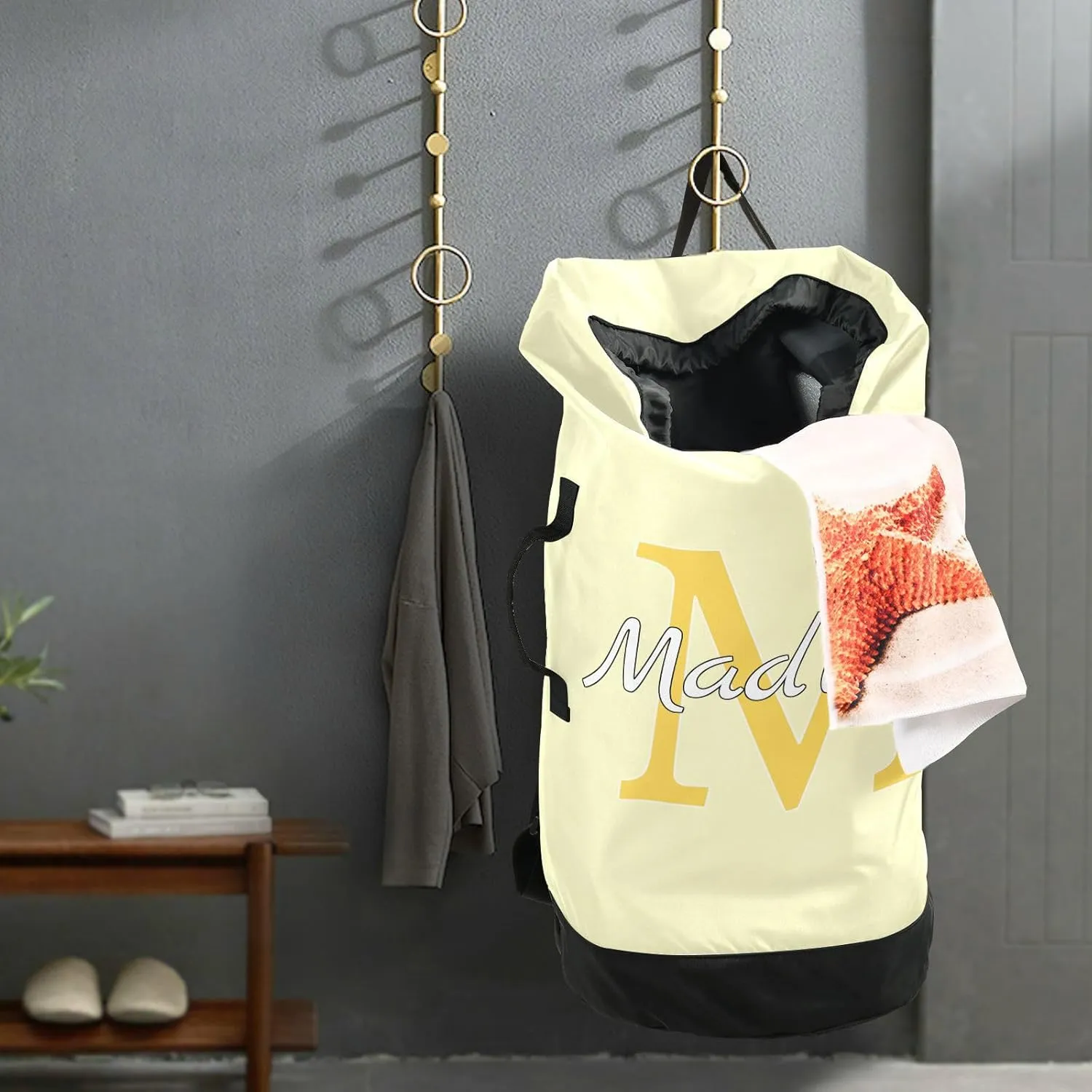 Bright Beige Personalized Nylon Travel Laundry Bag for Luggage Custom Dirty Clothes Organizer with Drawstring Closure & Shoulder Straps Laundry Hamper Liner for College Dorm Factories Apartment