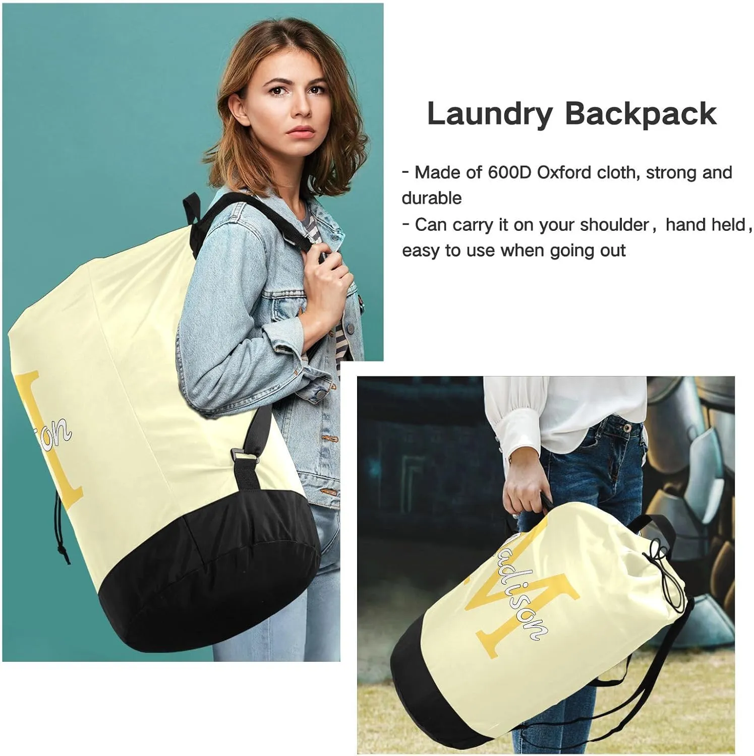 Bright Beige Personalized Nylon Travel Laundry Bag for Luggage Custom Dirty Clothes Organizer with Drawstring Closure & Shoulder Straps Laundry Hamper Liner for College Dorm Factories Apartment