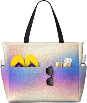 Bright Colorful Crystals Large Beach Tote Bag for Women Extra Large Capacity Waterproof Sandproof Pool Bag Suitable for Gym Swimming Pool Travel Groceries
