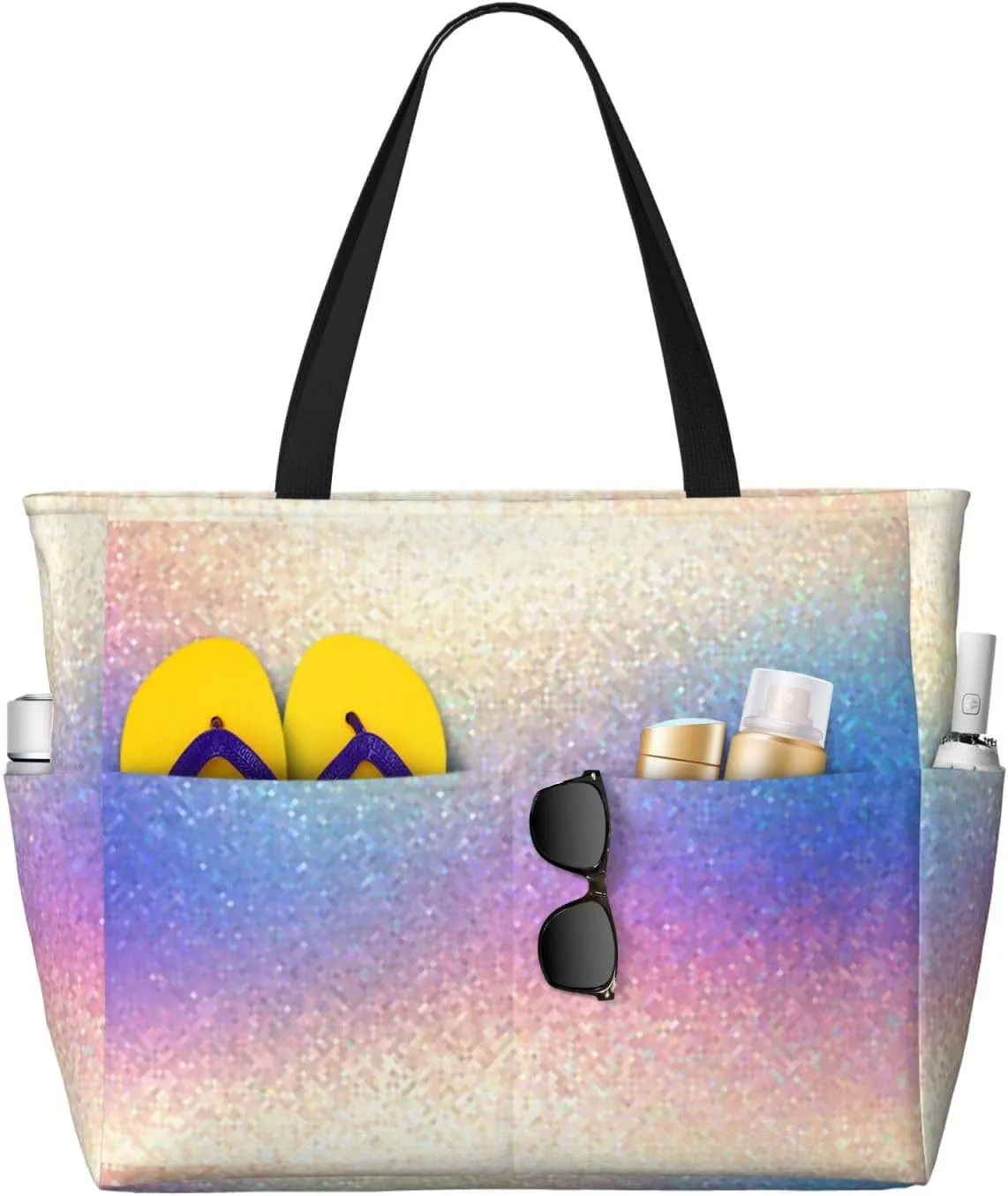 Bright Colorful Crystals Large Beach Tote Bag for Women Extra Large Capacity Waterproof Sandproof Pool Bag Suitable for Gym Swimming Pool Travel Groceries