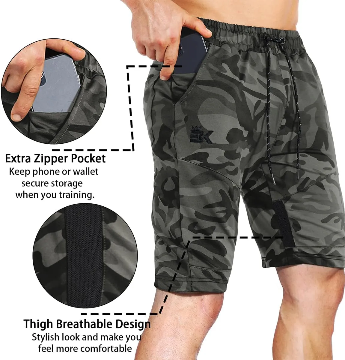 BROKIG Mens Thighs Mesh Gym Workout Shorts, Bodybuilding Slim Athletic Running Shorts for Men with Zipper Pockets