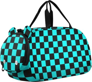 Buffalo Plaid Check Black Cyan Kids Cute Gym Bag with Shoes Compartment Lightweight Weekender Overnight Bags for Travel, Sports, Duffel, Weekender
