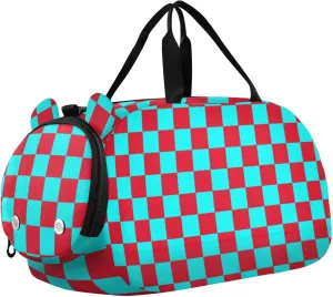 Buffalo Plaid Check Cyan Red Boy's Gym Duffel Bag with Shoes Compartment Large Capacity Weekender Overnight Duffel Bag for School Practice, Sports, Travel