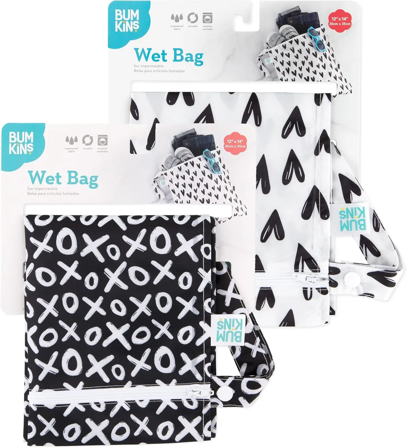 Bumkins Waterproof Wet Bag for Baby, Travel, Swim Suit, Cloth Diapers, Pump Parts, Pool, Gym, Toiletry, Strap to Stroller, Daycare, Zip Reusable Bag, Wetdry Packing Pouch, 2-pk Hearts and XOXO