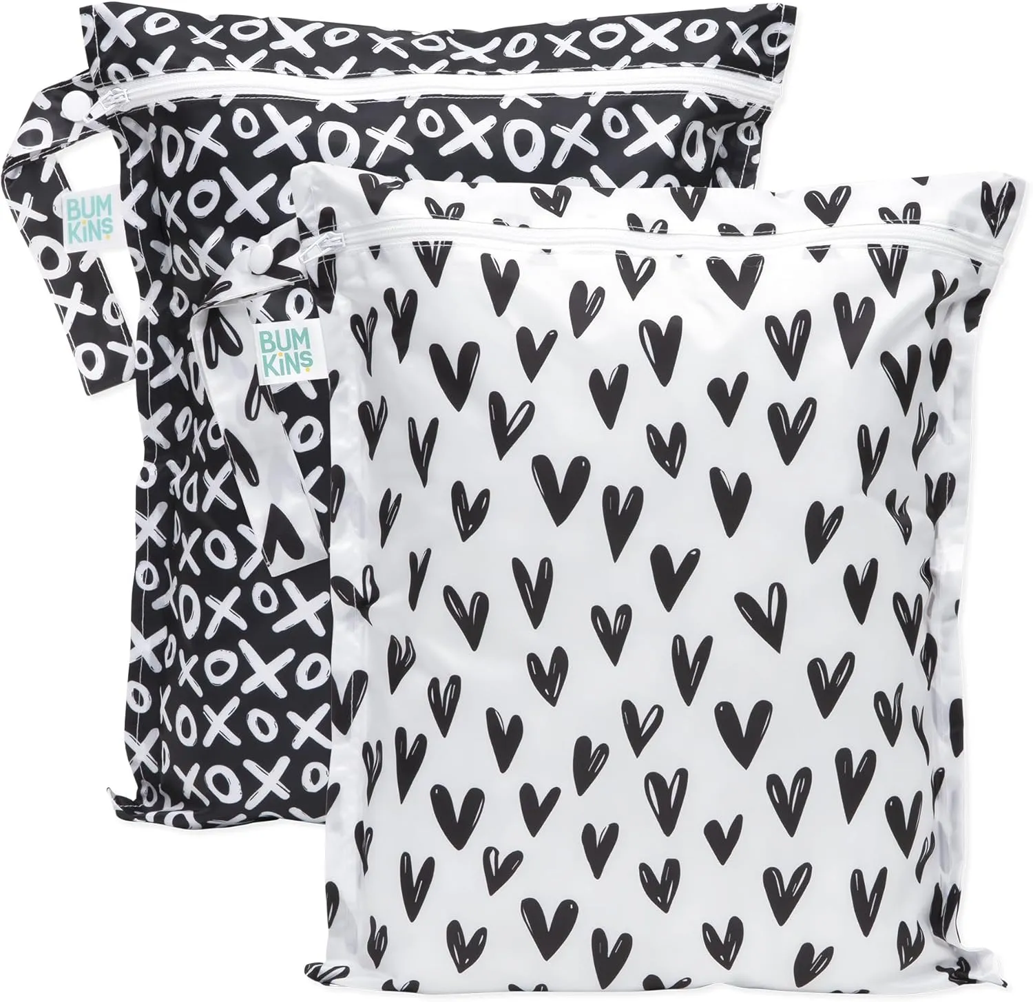 Bumkins Waterproof Wet Bag for Baby, Travel, Swim Suit, Cloth Diapers, Pump Parts, Pool, Gym, Toiletry, Strap to Stroller, Daycare, Zip Reusable Bag, Wetdry Packing Pouch, 2-pk Hearts and XOXO