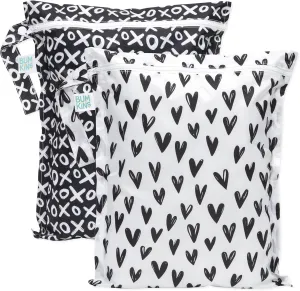 Bumkins Waterproof Wet Bag for Baby, Travel, Swim Suit, Cloth Diapers, Pump Parts, Pool, Gym, Toiletry, Strap to Stroller, Daycare, Zip Reusable Bag, Wetdry Packing Pouch, 2-pk Hearts and XOXO