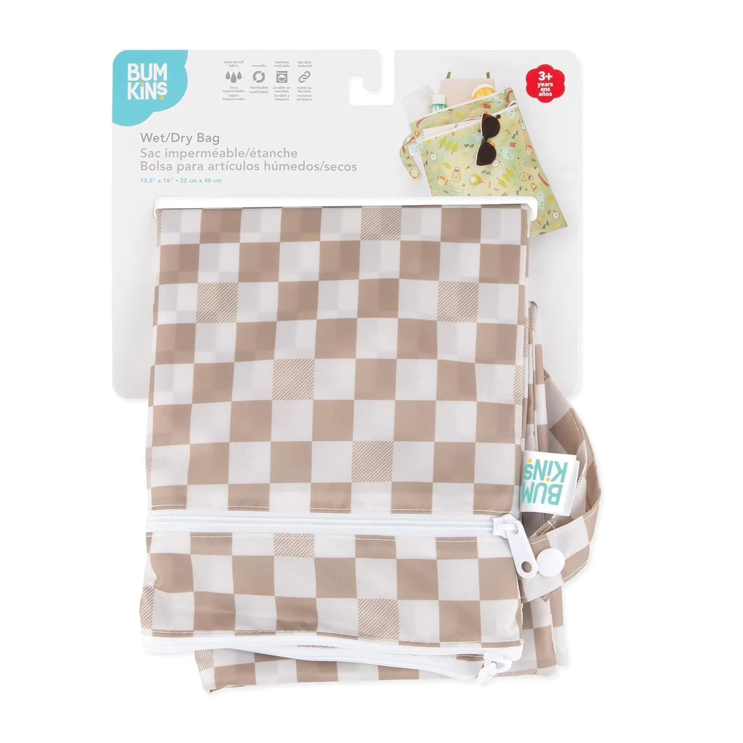 Bumkins Waterproof Wet Dry Bag for Baby, Travel, Swim Suit, Cloth Diapers, Pump Parts, Pool, Beach, Gym Clothes, Toiletry, Hook to Stroller, Daycare, Zipper Reusable Wetdry Packing Pouch, Beige Check