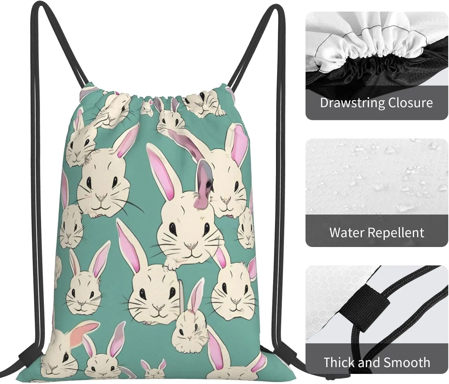 Bunny cute Print Sports Drawstring Backpack,Water Resistant Bag, Gym Backpack for Women Men