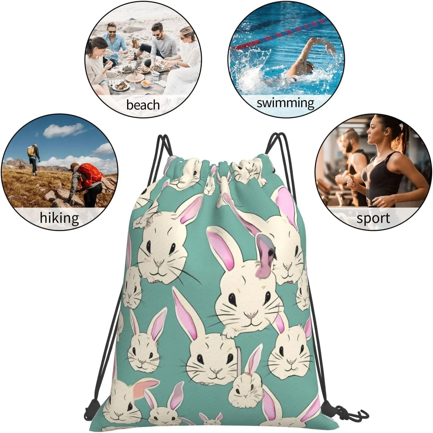 Bunny cute Print Sports Drawstring Backpack,Water Resistant Bag, Gym Backpack for Women Men