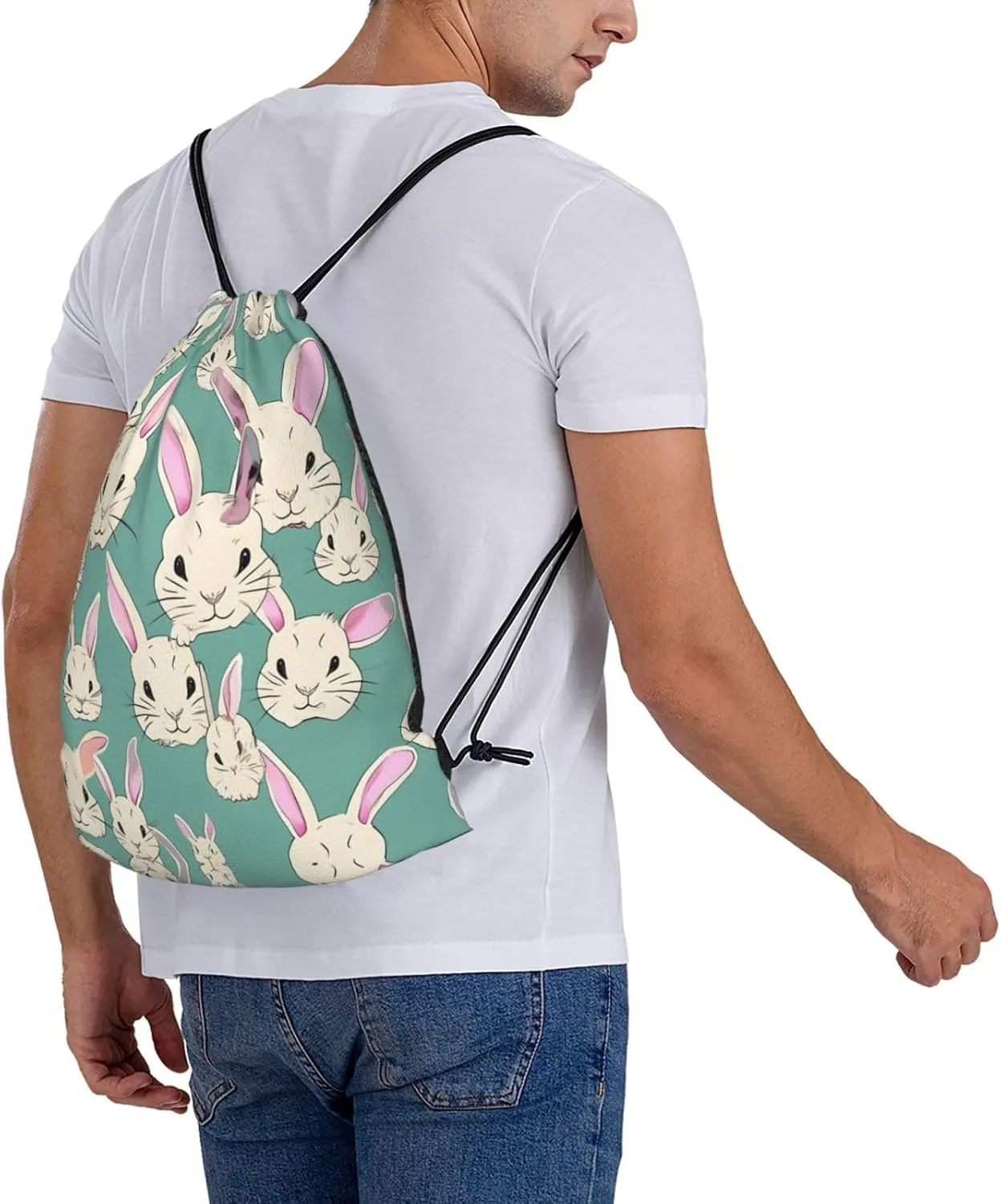 Bunny cute Print Sports Drawstring Backpack,Water Resistant Bag, Gym Backpack for Women Men