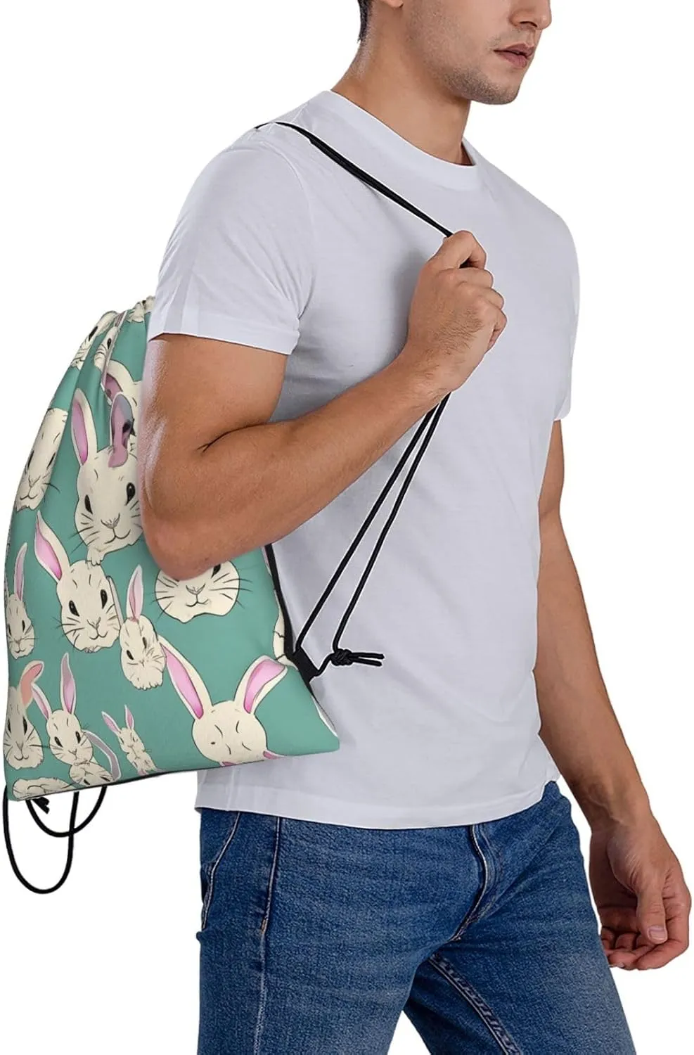 Bunny cute Print Sports Drawstring Backpack,Water Resistant Bag, Gym Backpack for Women Men