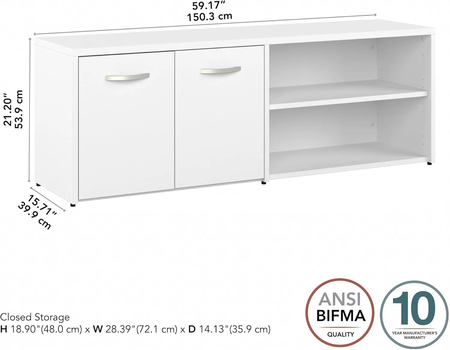 Bush Business Furniture Studio C Low Storage Cabinet with Doors and Shelves in White, Office Organizer for Workspace, Compact Unit