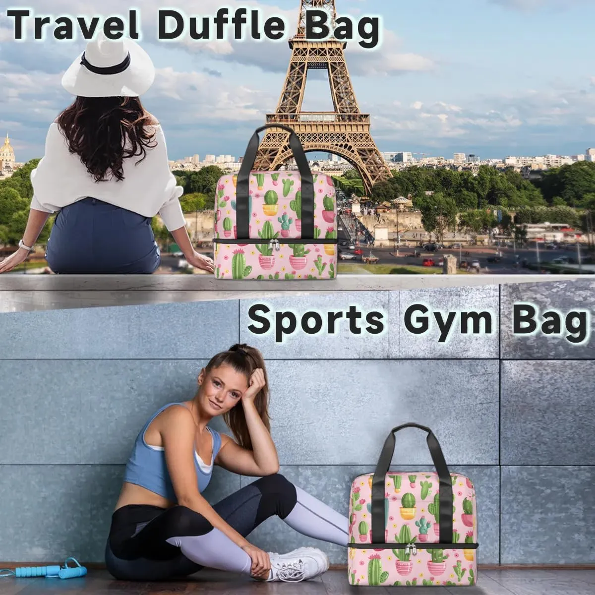 Cactus Plant Theme Travel Duffel Bag Dry Wet Separated Sports Tote Travel Duffle Bag Gym Workout Bag Women Travel Duffel Bag for Women, Travel, Gym, Work