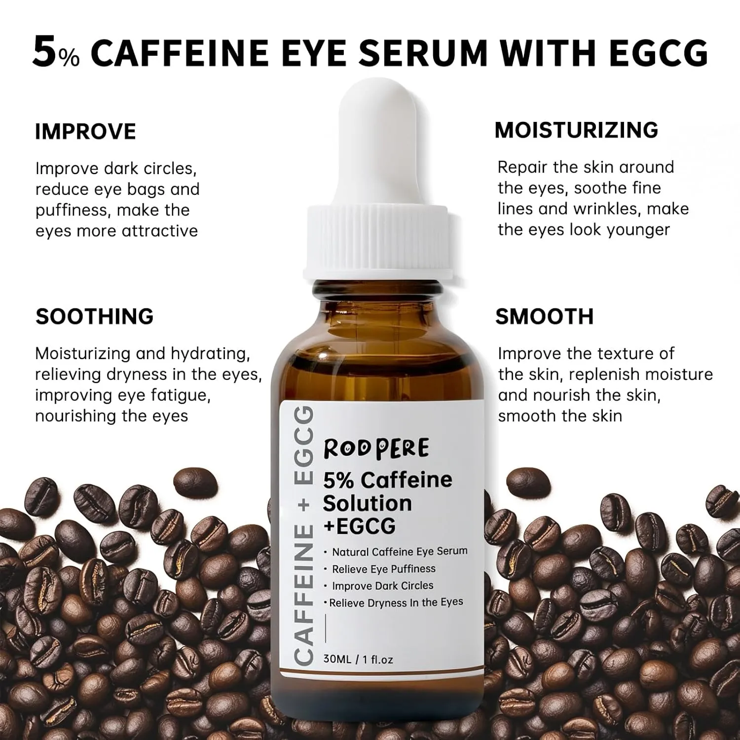 Caffeine Eye Serum With EGCG For Dark Circles and Puffiness, Anti Aging 5% Caffeine Solution For Puffy Eyes, Fine Lines, Moisturizing Under Eye Serum, 2PCS.
