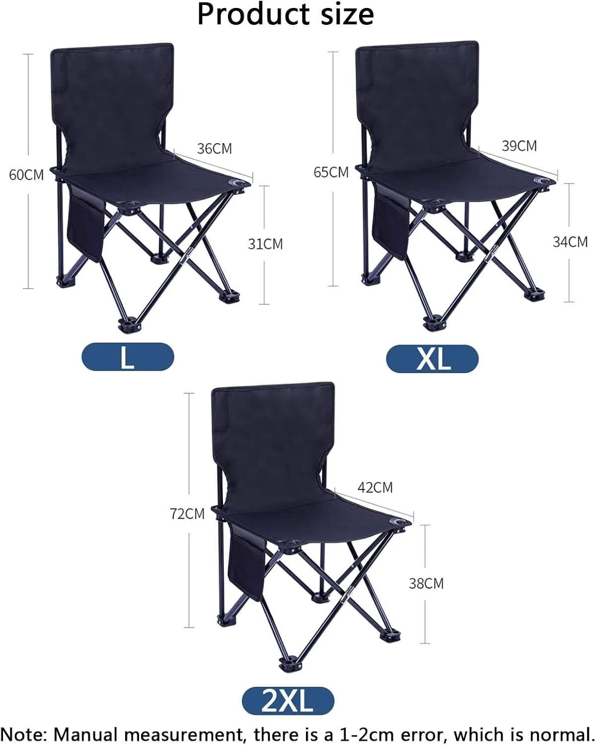 Camping Chair Lightweight Portable Folding Reclining with Storage Bag for Beach Picnics Outdoor Event-Black||L