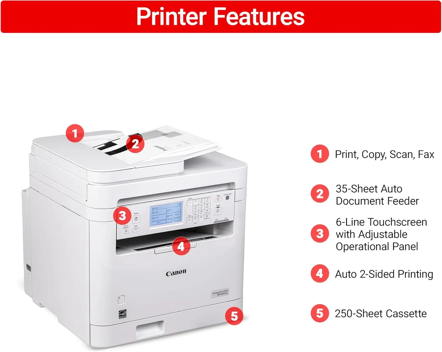 Canon imageCLASS MF287dw - Monochrome, Duplex, Wireless Laser Printer, All-in-One Print, Copy, Scan, Fax, Auto Document Feeder, 1 Year Limited Warranty, 35 PPM, White