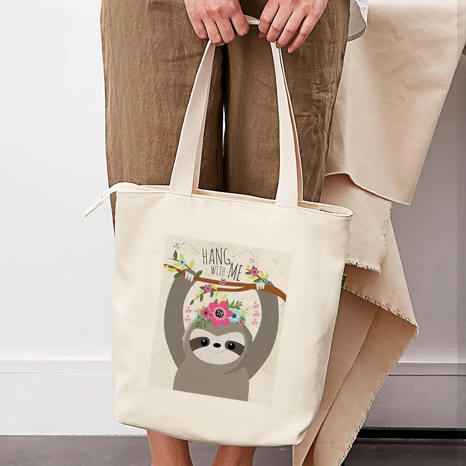 Canvas Tote Bag Aesthetic, Shoulder Shopping Bag for Women, with Zipper and Inner Pocket, for Shopping, School, Work