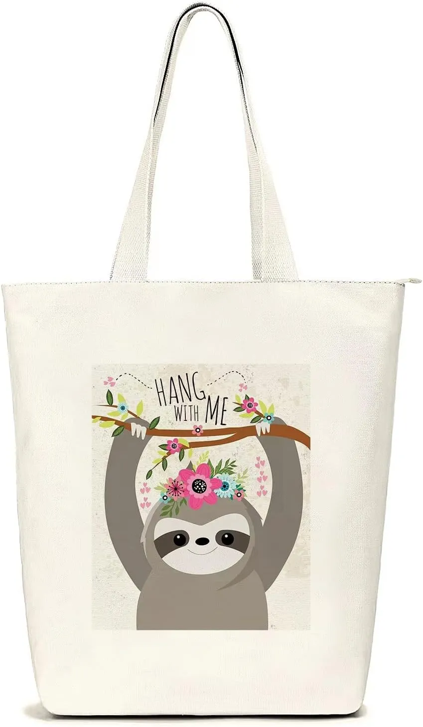 Canvas Tote Bag Aesthetic, Shoulder Shopping Bag for Women, with Zipper and Inner Pocket, for Shopping, School, Work