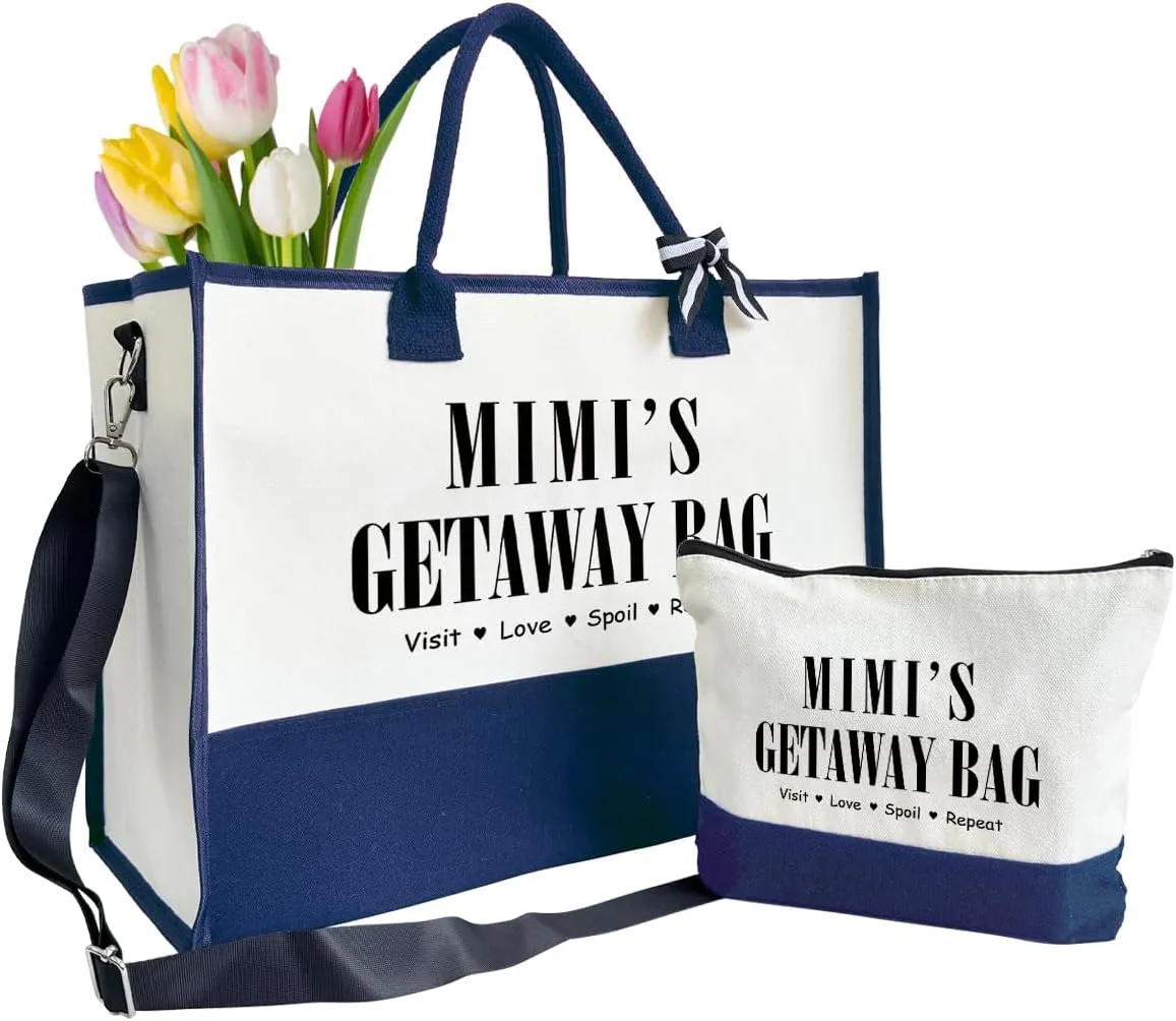 Canvas Tote Bag for Grandma, Mimi's Getaway Bag Gifts, Grandma Gifts, Cosmetic Bag, Beach Bag and Makeup bag, Travel Bag Gifts for Mimi, Canvas Tote Bag With Zipper, Mothers Day Christmas Gifts A21