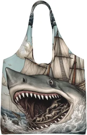 Canvas Tote Bag for Women Shoulder Tote Purse Reusable Grocery Bag Cartoon Fish Eating Ship in Ocean Sea Aesthetic Shopping Bags