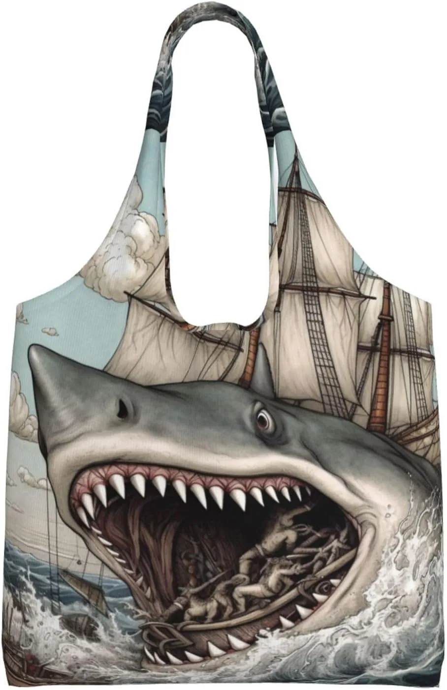 Canvas Tote Bag for Women Shoulder Tote Purse Reusable Grocery Bag Cartoon Fish Eating Ship in Ocean Sea Aesthetic Shopping Bags