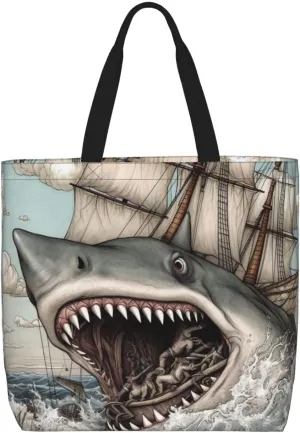 Canvas Tote Bag for Women Shoulder Tote Purse Reusable Grocery Bag Cartoon Fish Eating Ship Sea Aesthetic Shopping Bags