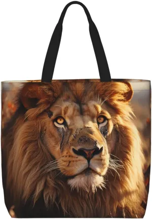 Canvas Tote Bag for Women Shoulder Tote Purse Reusable Grocery Bag Lion on grassland Aesthetic Shopping Bags