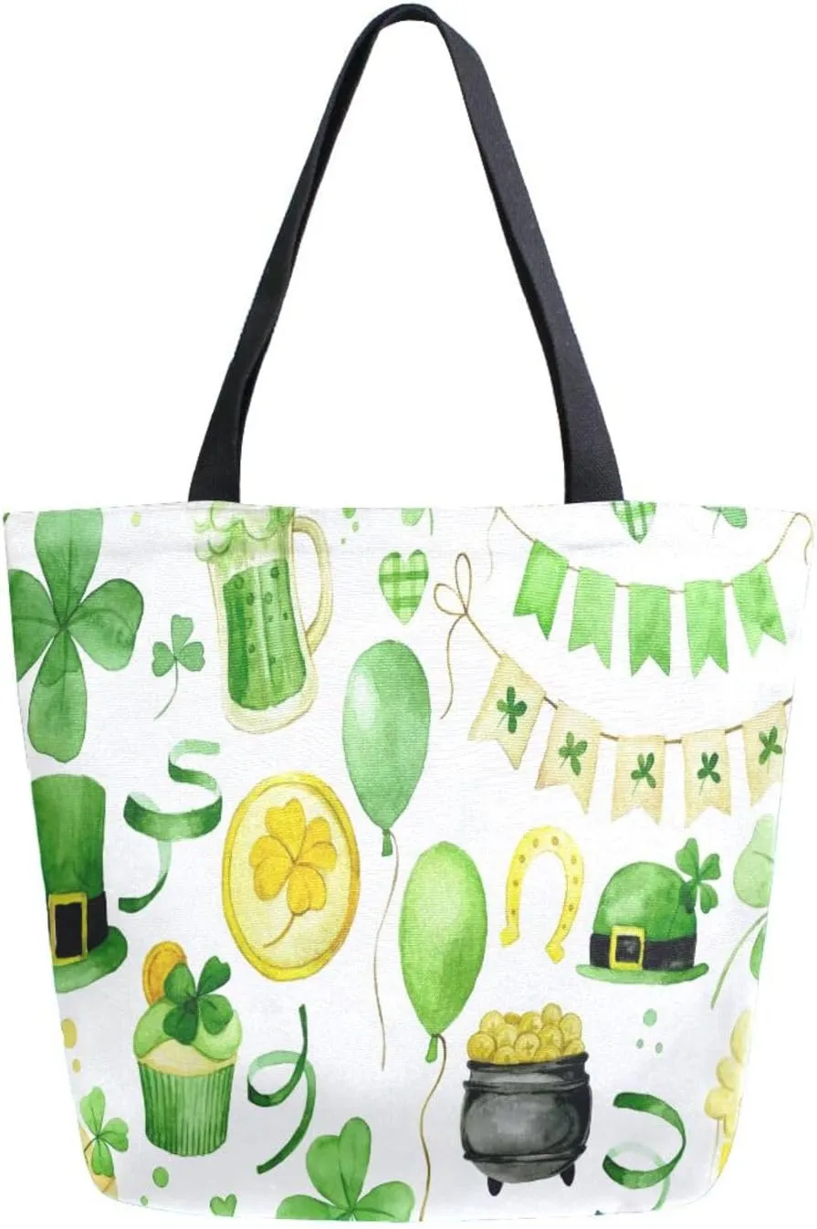 Canvas Tote Bag St Decor Ornaments Woman Beach Bag Holiday Lucky Clover Shoulder Bag School