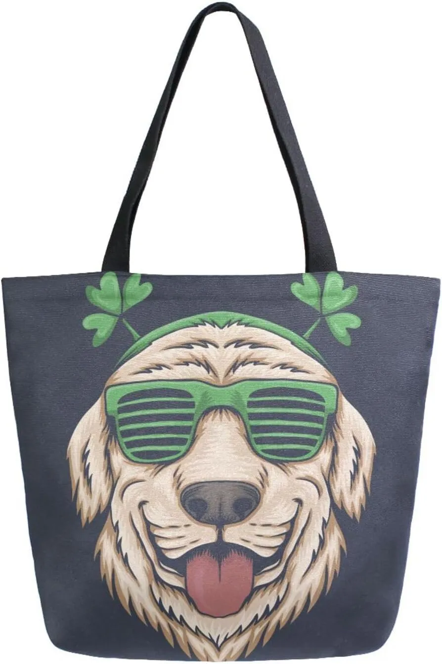 Canvas Tote Bag St Lucky Dog Woman Beach Bag Green Shamrock Clover Shoulder Bag School