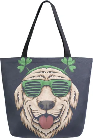 Canvas Tote Bag St Lucky Dog Woman Beach Bag Green Shamrock Clover Shoulder Bag School