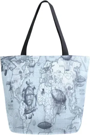 Canvas Tote Bag Travel Plane World Map Woman Beach Bag Grunge Retro Shoulder Bag School Had Bag Handbag Holiday Gift