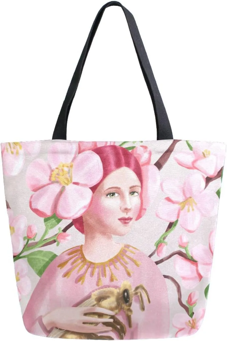 Canvas Tote Bag Woman Bee Rose Flower Woman Beach Bag Vintage Blossom Green Leaves Shoulder Bag School Had Bag Handbag Holiday Gift