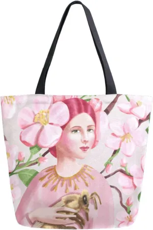 Canvas Tote Bag Woman Bee Rose Flower Woman Beach Bag Vintage Blossom Green Leaves Shoulder Bag School Had Bag Handbag Holiday Gift
