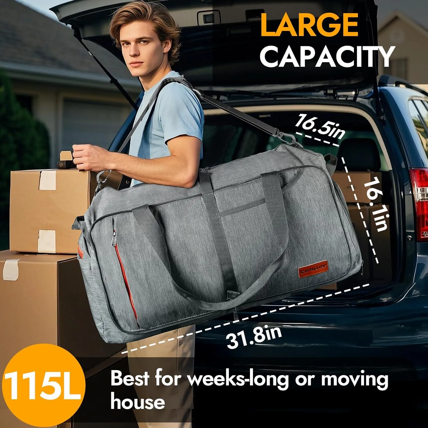 Canway 85L Travel Duffel Bag, Foldable Weekender Bag with Shoes Compartment for Men Women Water-proof & Tear Resistant