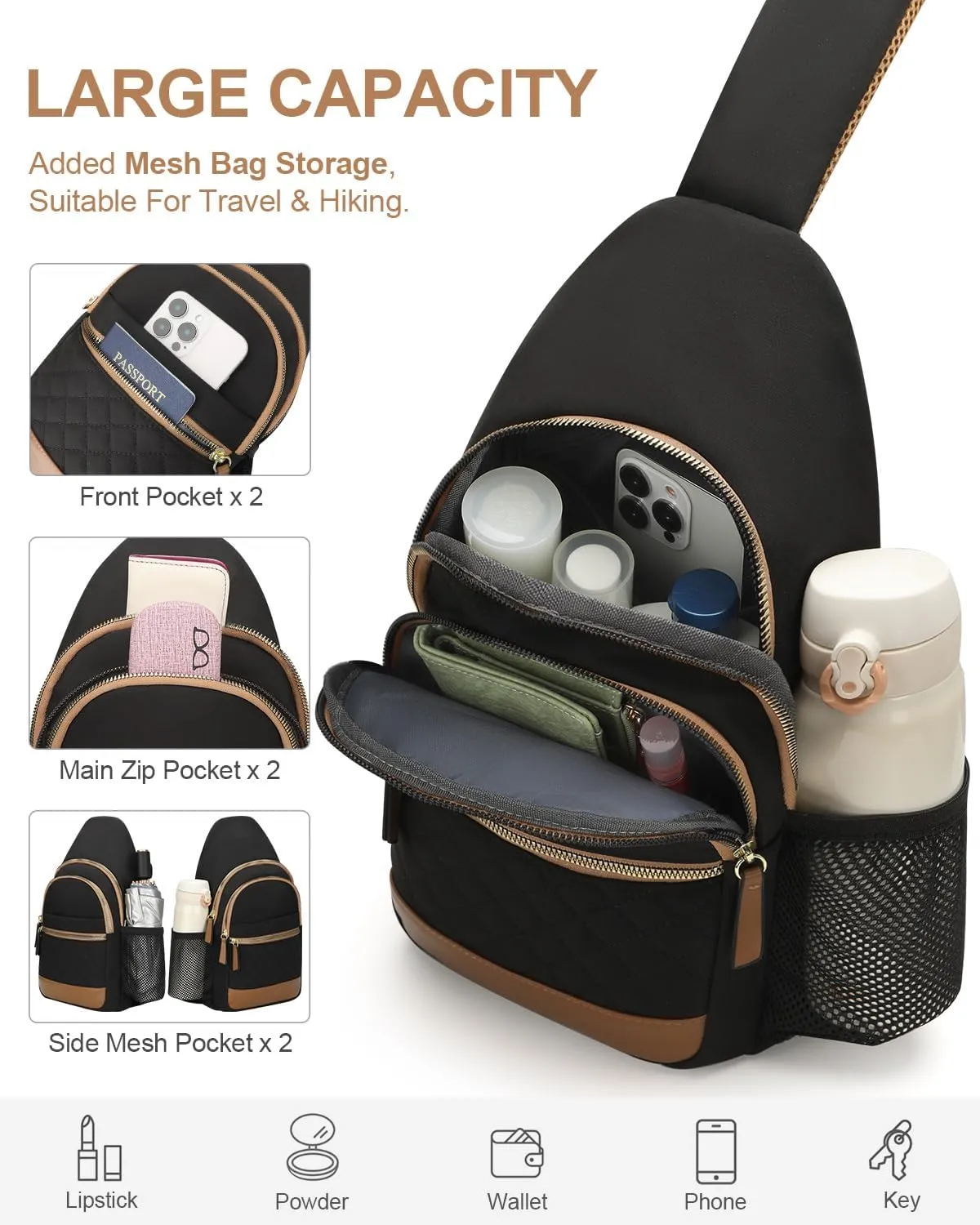 Capolo Sling Bag for Women Men Waterproof Crossbody Bags for Women Trendy Casual Fanny Pack with Convertible Shoulder Strap Chest Bag for Travel Hiking(Black, Large)