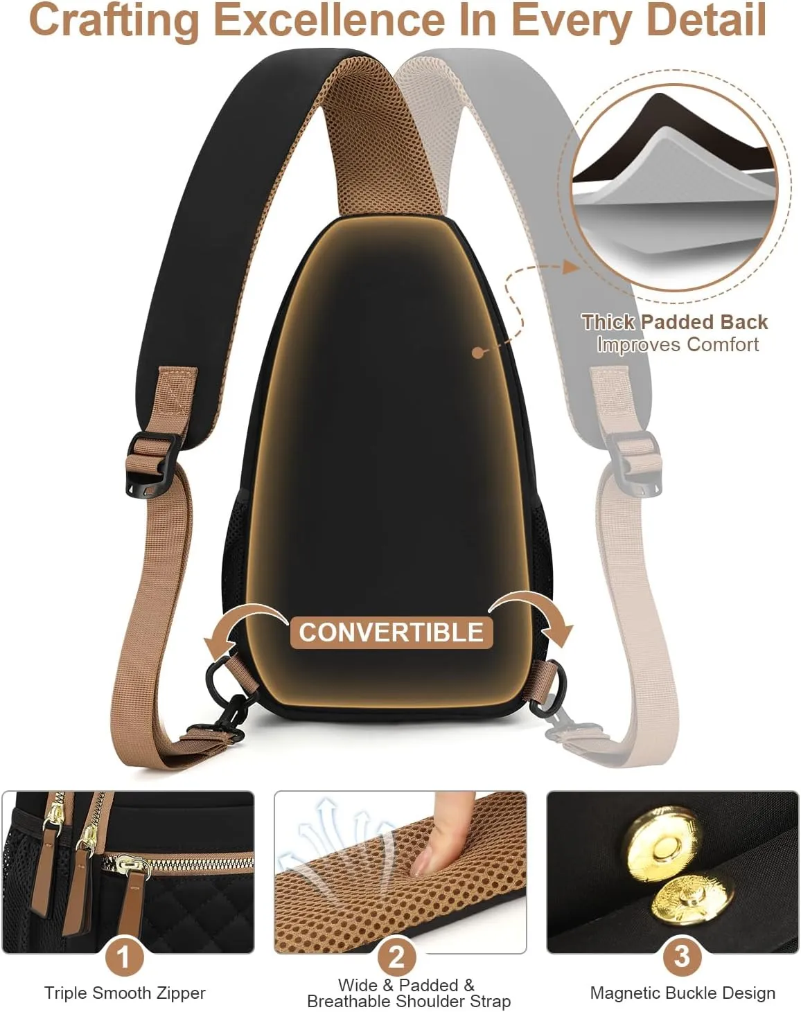 Capolo Sling Bag for Women Men Waterproof Crossbody Bags for Women Trendy Casual Fanny Pack with Convertible Shoulder Strap Chest Bag for Travel Hiking(Black, Large)