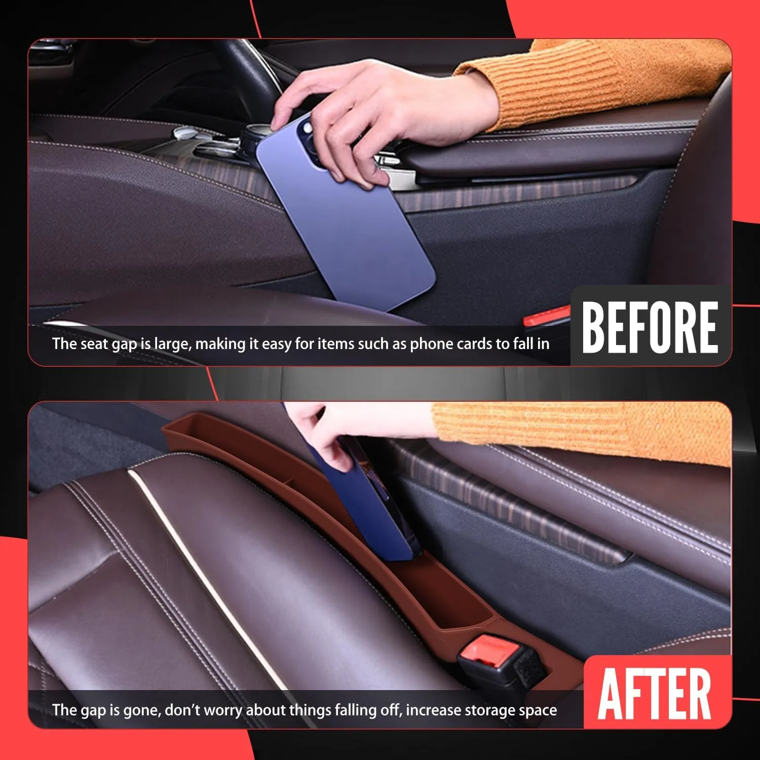 Car Seat Gap Filler Organizer, Universal Front Seat Organizer, Multifunctional Storage Box Between Seats and Console with Data Cable Hole for Most Cars (Brown)