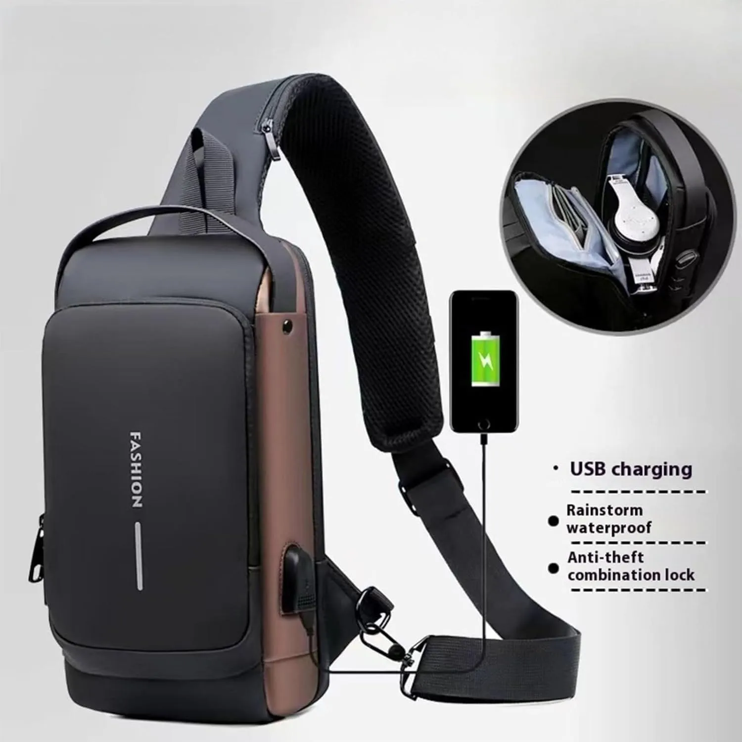 Carbon Fiber Streamline Anti-Theft Sling Bag, USB Charging Waterproof Crossbody Backpack with Combination Lock, Travel ﻿ ﻿ (Gray)