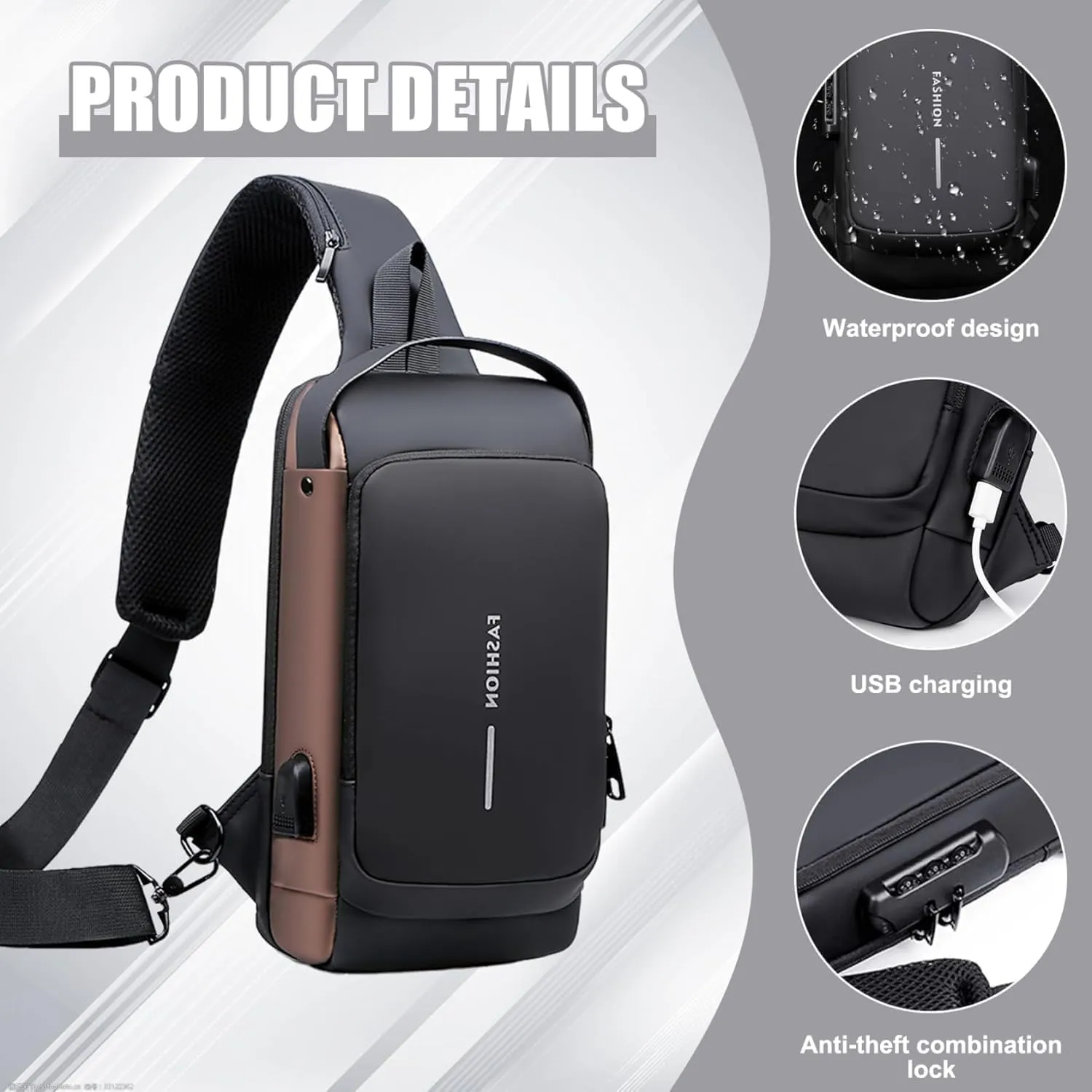 Carbon Fiber Streamline Anti-Theft Sling Bag, USB Charging Waterproof Crossbody Backpack with Combination Lock, Travel ﻿ ﻿ (Gray)