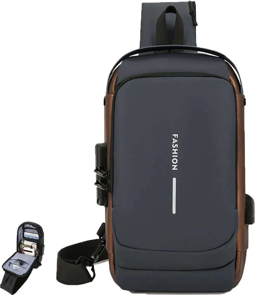 Carbon Fiber Streamline Anti-Theft Sling Bag, USB Charging Waterproof Crossbody Backpack with Combination Lock, Travel ﻿ ﻿ (Gray)